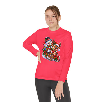 Kids' Christmas Sledding Tee — Snowman & Reindeer Holiday Long Sleeve