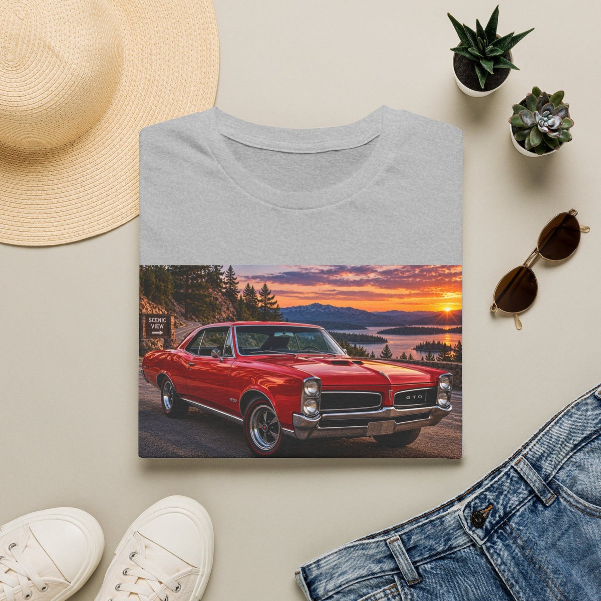 Classic Red Muscle Car T-Shirt — Vintage Pontiac Sunset Driving Tee