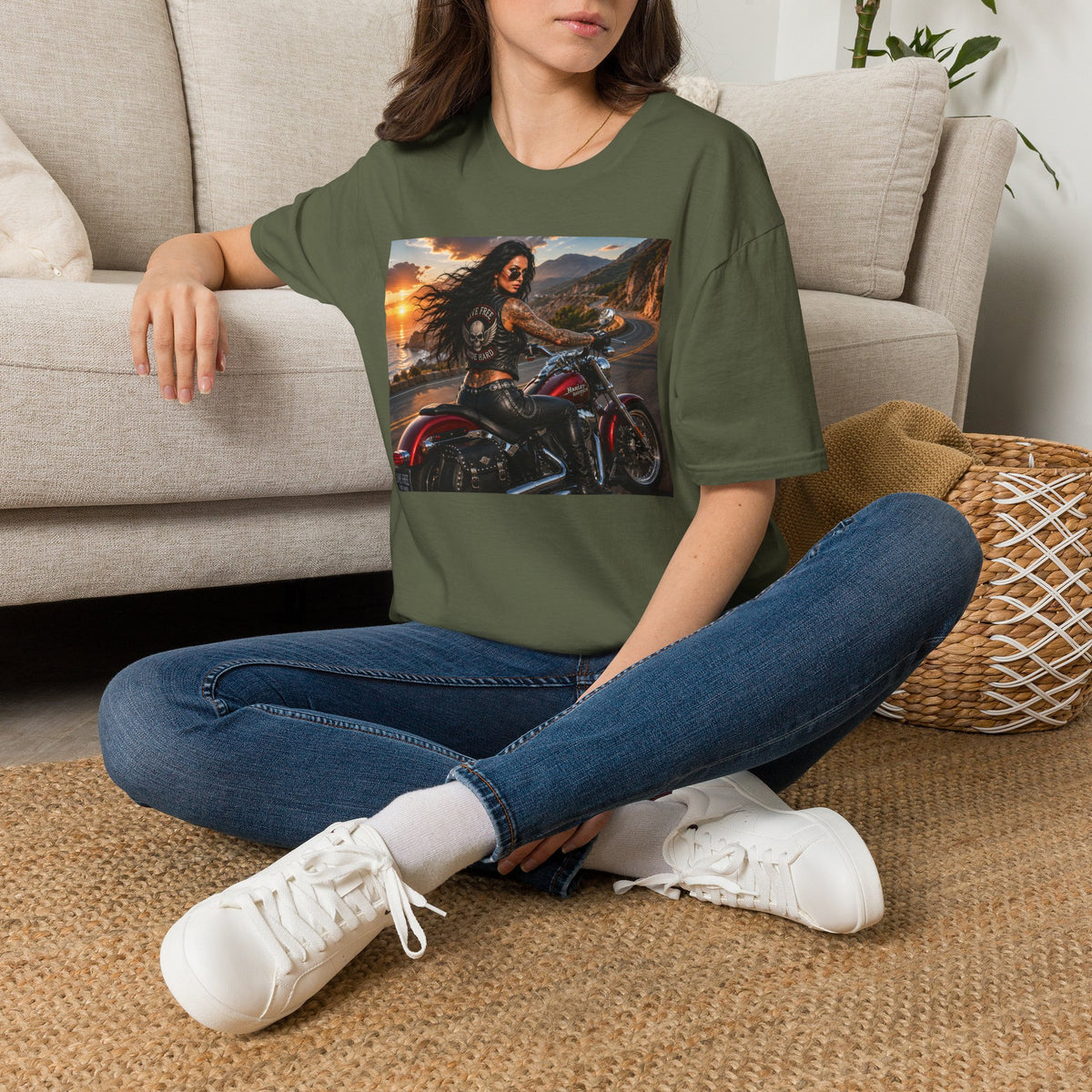 Biker Girl Sunset T-Shirt — Motorcycle Rider Graphic Tee