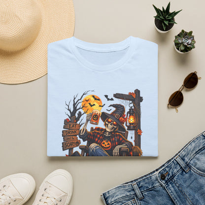 Halloween Skeleton Scarecrow T-Shirt — 'Eat Drink & Be Scary' Pumpkin Dog Tee
