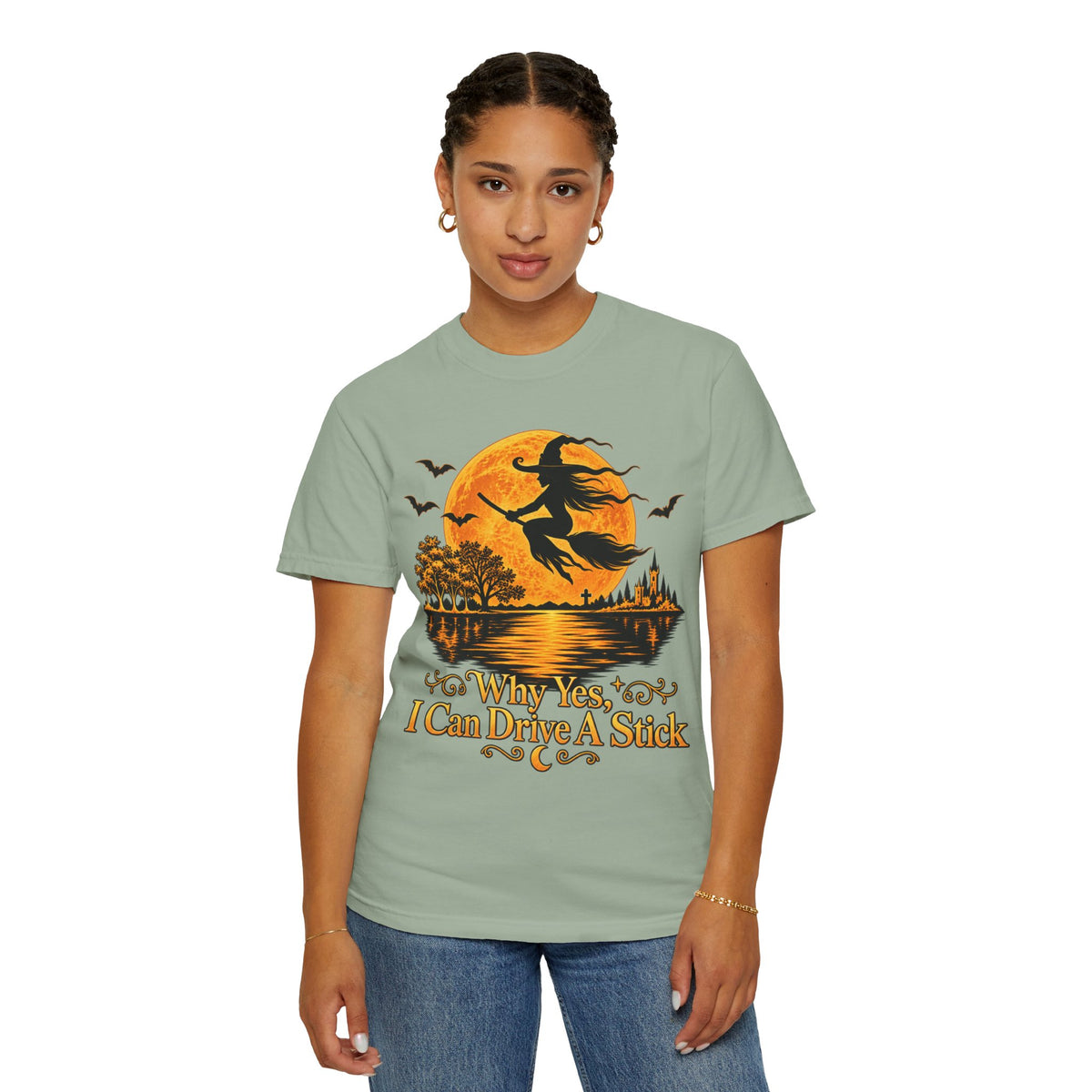 Witch Flying Over Moon T-Shirt – "Why Yes, I Can Drive A Stick" Halloween Tee