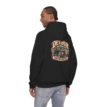 Detour Vintage Hot Rod Hoodie — "Take The Long Way" Classic Car Sweatshirt