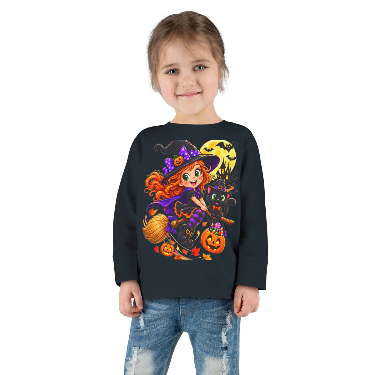Toddler Halloween Witch Long Sleeve Tee — Cute Witch & Black Cat Pumpkin Design