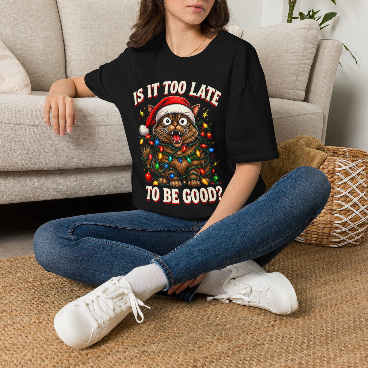 T-Shirt — “Is It Too Late to Be Good?” Christmas Cat Graphic Tee