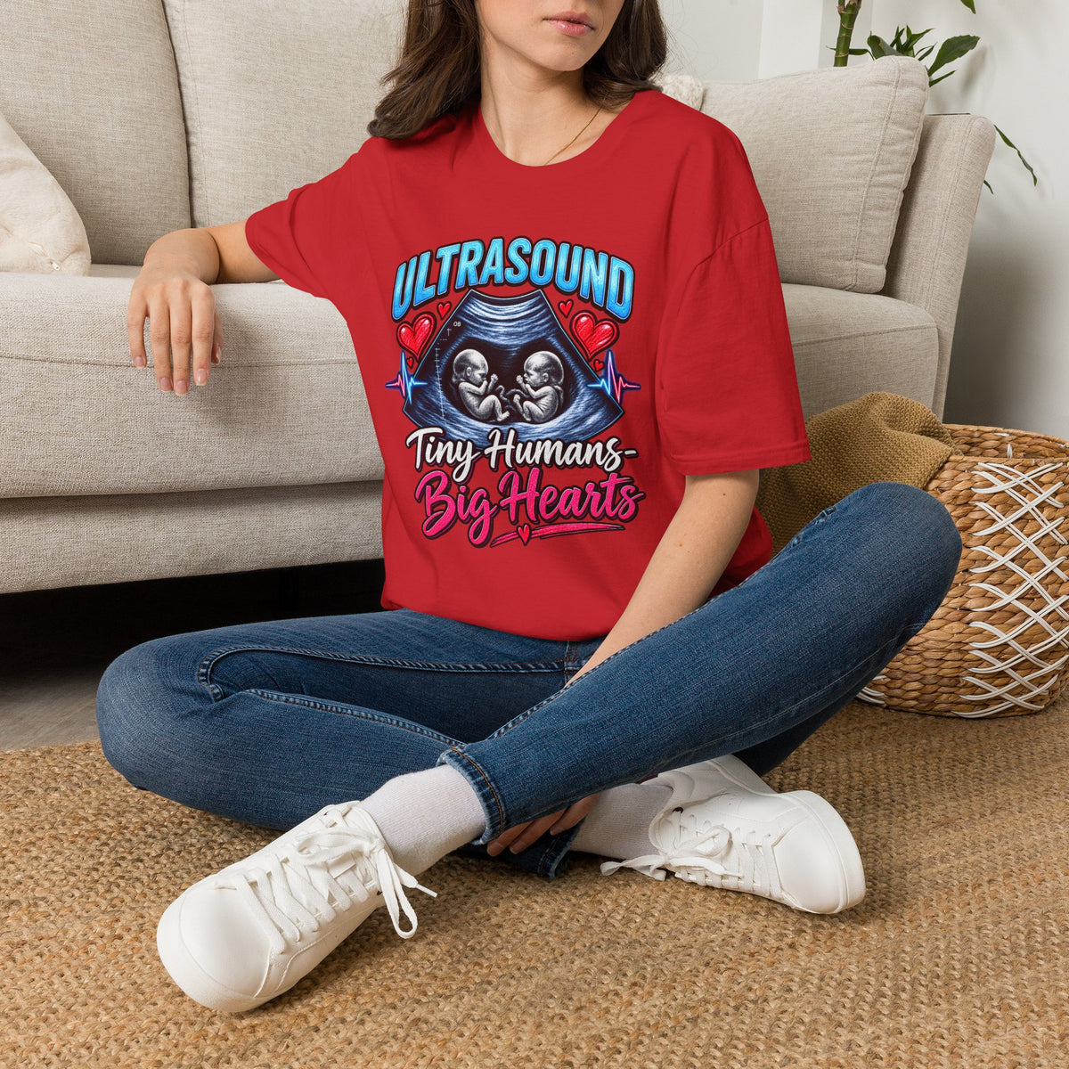 Ultrasound Twins T‑Shirt — Tiny Humans Big Hearts Pregnancy Tee