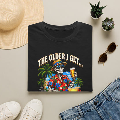 T-Shirt — “The Older I Get… The Further My Balls Go Into The Woods” Retro Tropical Skeleton Humor Tee