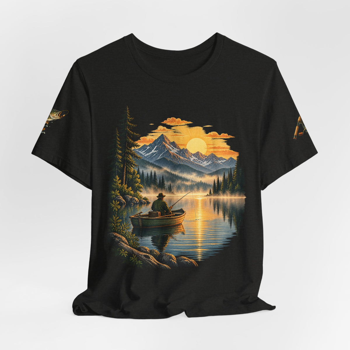 Sunset Lake Fishing T-Shirt — Mountain Boat Fishing Graphic Tee