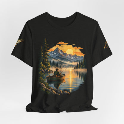 Sunset Lake Fishing T-Shirt — Mountain Boat Fishing Graphic Tee